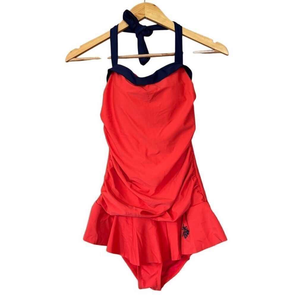 U.S. Polo Assn one piece halter ruffle skirt swimsuit red blue medium